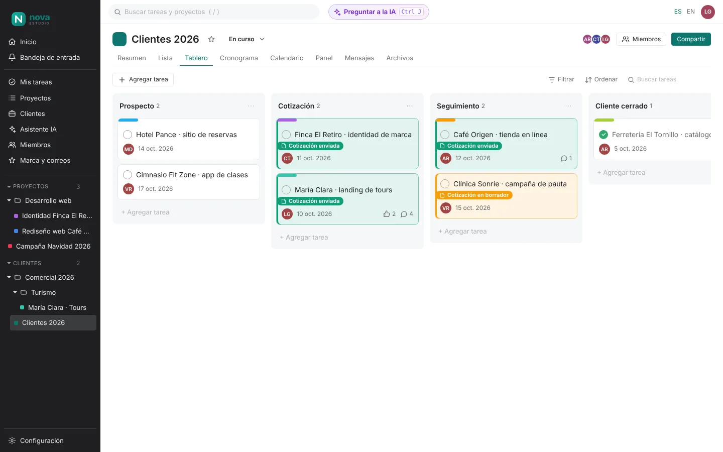 Tablero Kanban de Kanba con columnas To Do, In Progress, Review y Done
