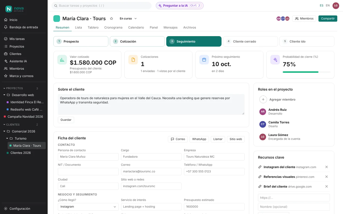 Resumen de un cliente con su etapa, valor cotizado, próximo seguimiento, probabilidad y ficha comercial