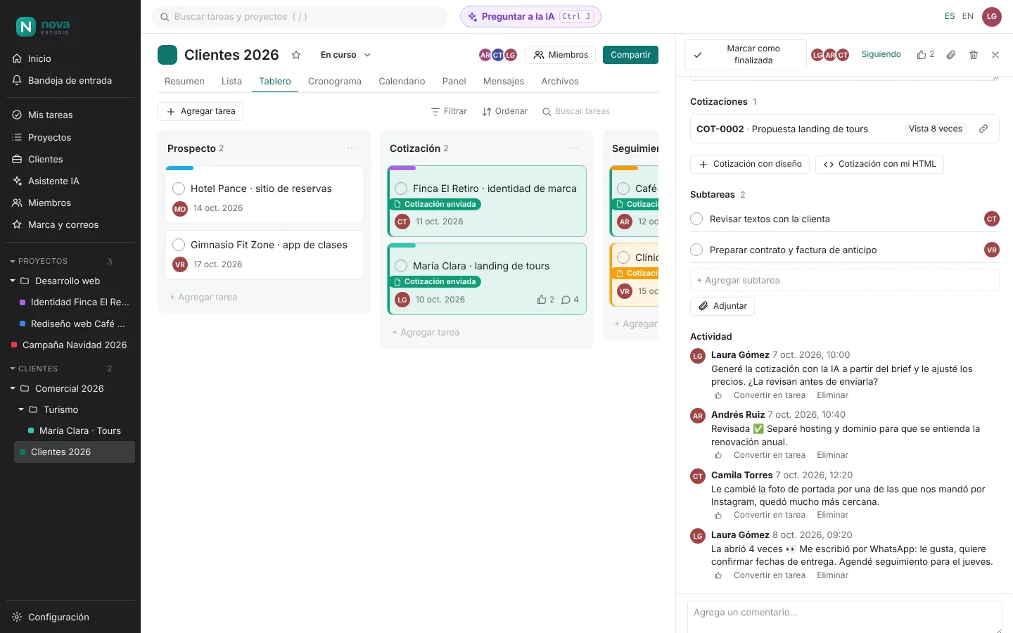 Tarjeta de cliente con cotización, subtareas y comentarios de varias personas del equipo