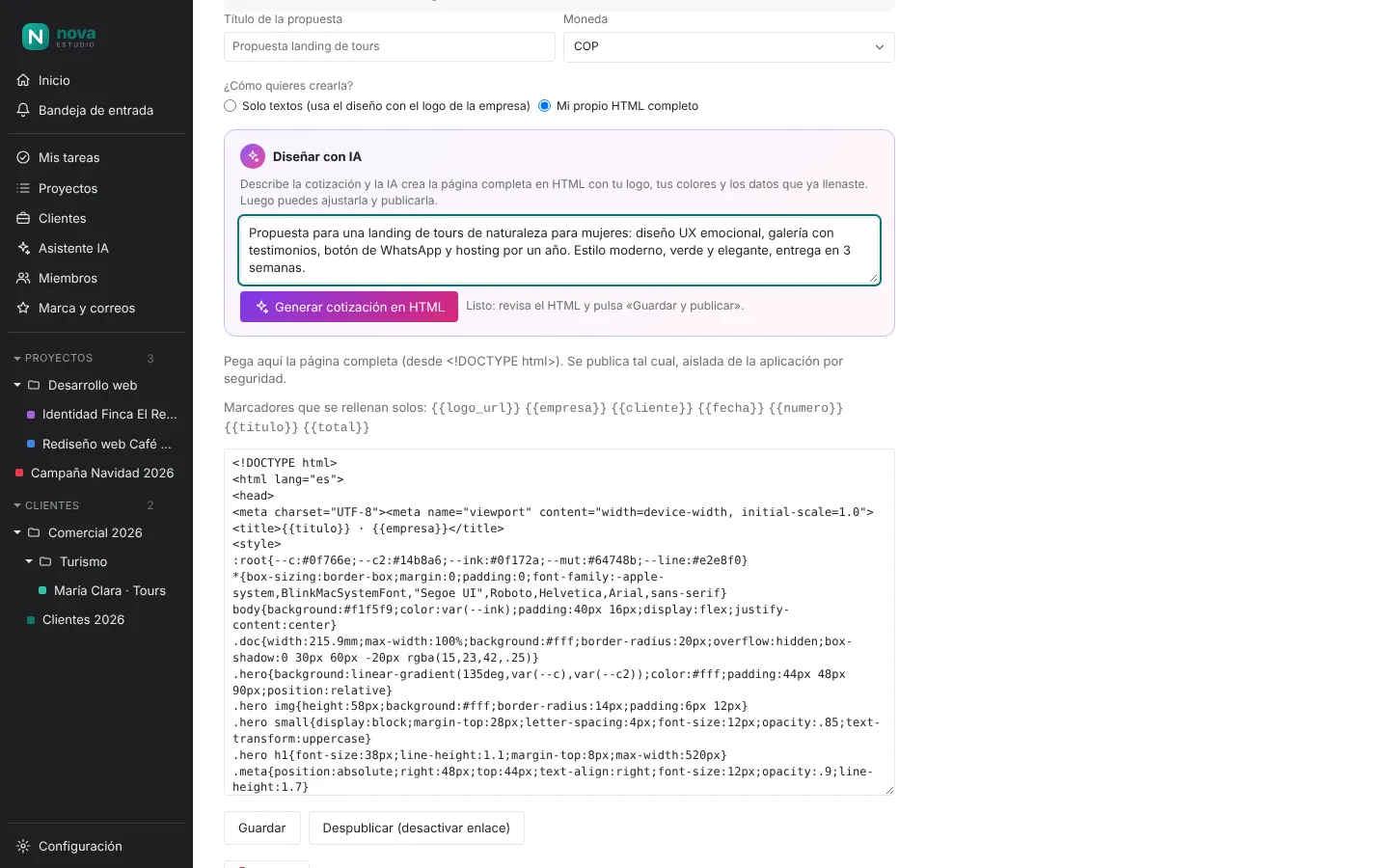 Petición a la IA para diseñar una cotización y el HTML generado en el editor