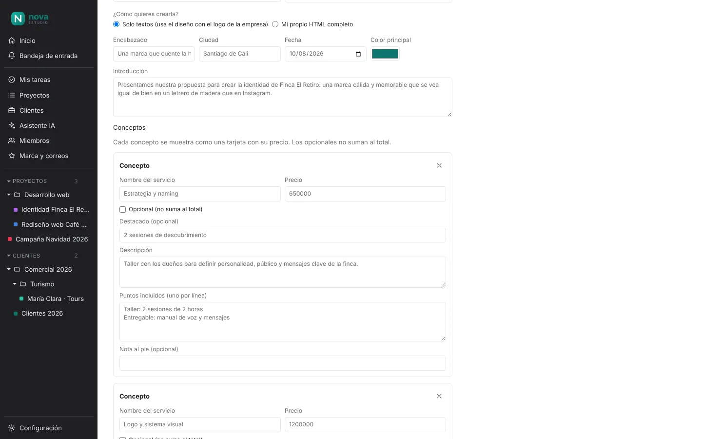 Editor de cotizaciones con conceptos, precios y condiciones