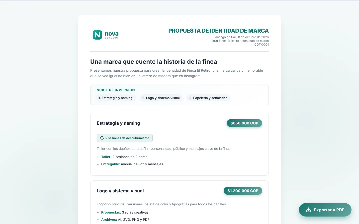 Cotización publicada en el dominio de la empresa, con logo y botón para exportar a PDF